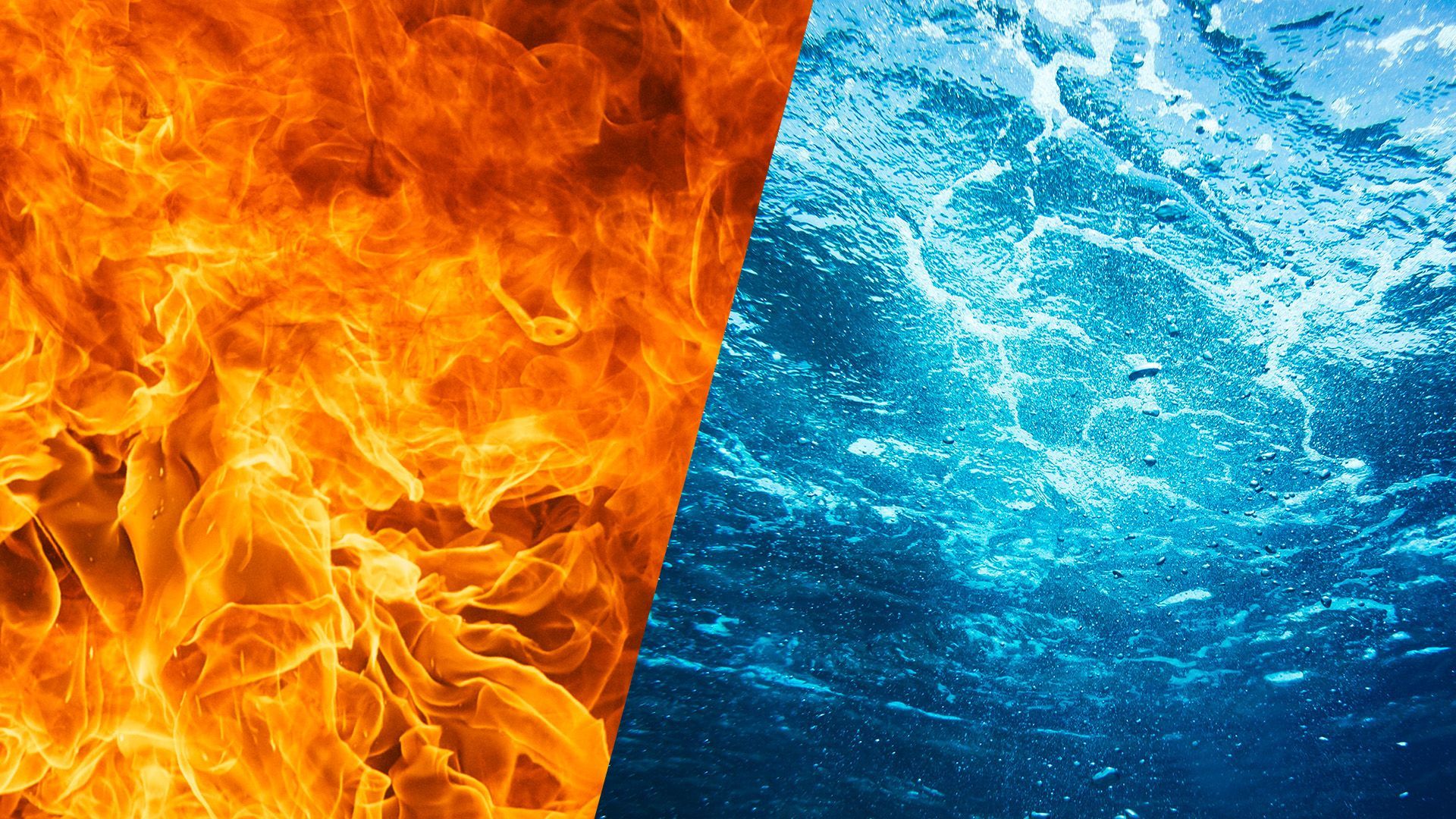 A picture of a fire and a picture of flood.