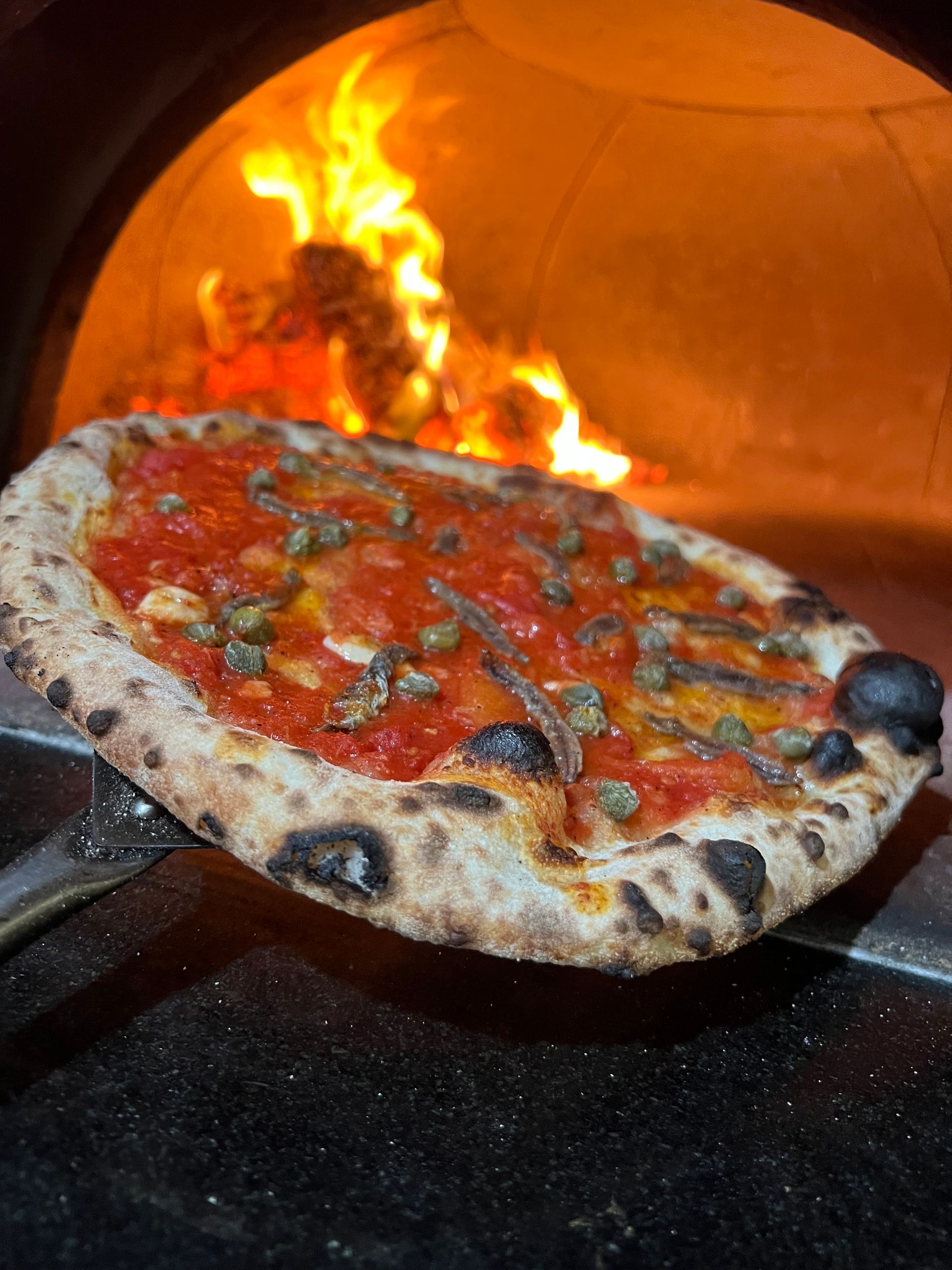 A pizza is being displayed in front of a wood fired oven