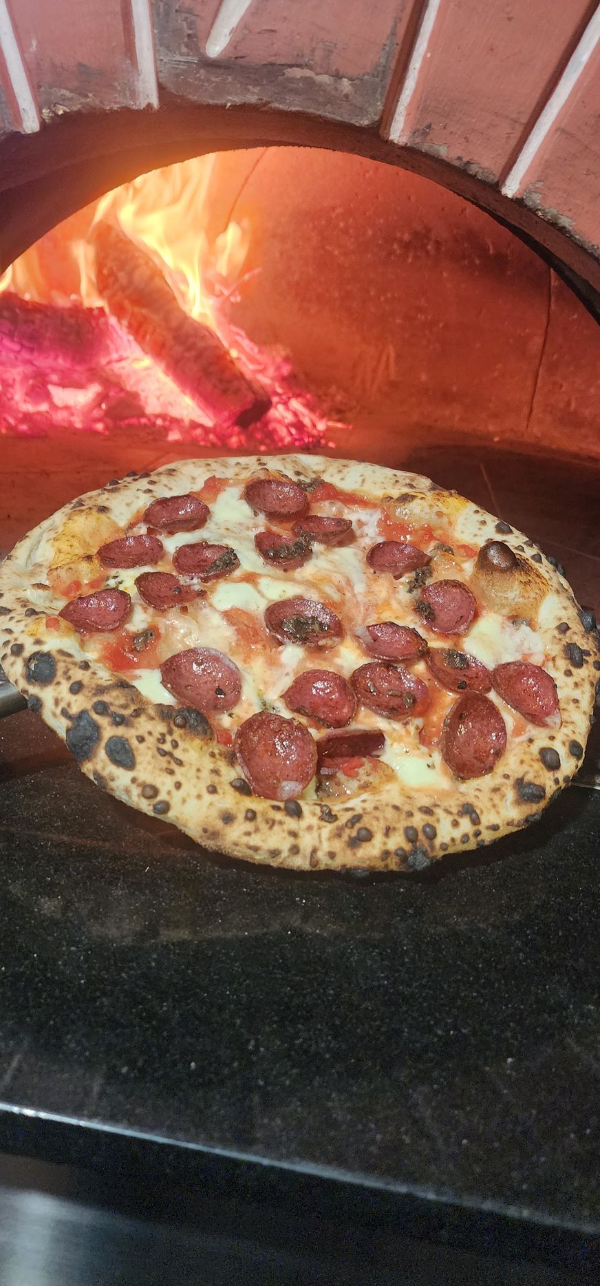 a neapolitan style pizza with salami and truffles held in front of a wood burning oven