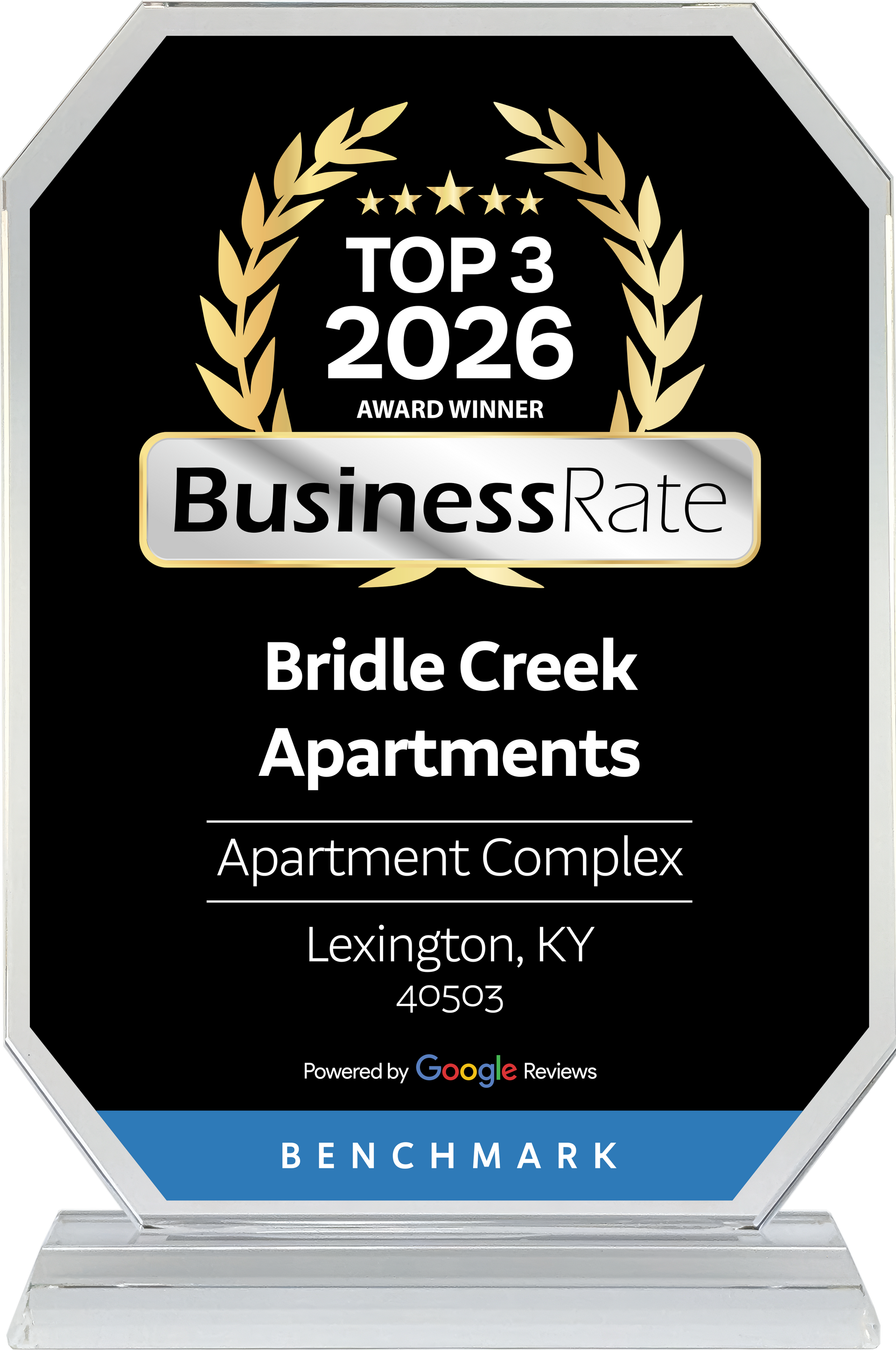 A plaque awarding Bridle Creek Apartments in Lexington, KY as a Top 3 BusinessRate winner for 2026.