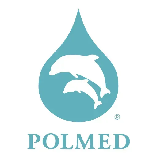 The polmed logo has two dolphins in a drop of water.