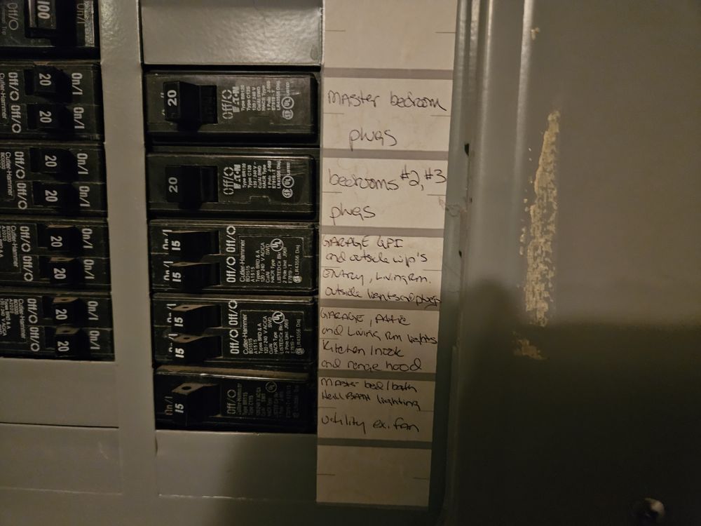 A close up of a electrical panel with labels on it