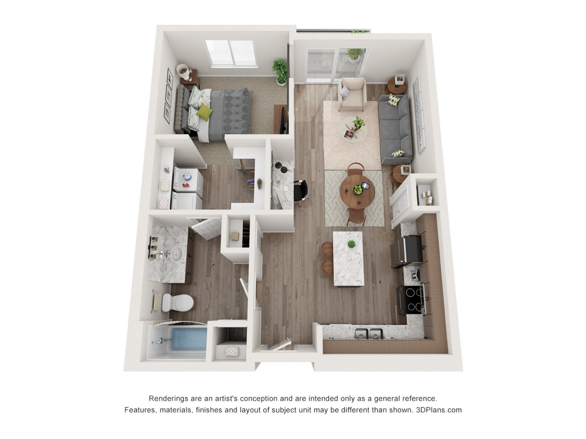 A 3d floor plan of a house with a living room , dining room , and kitchen.
