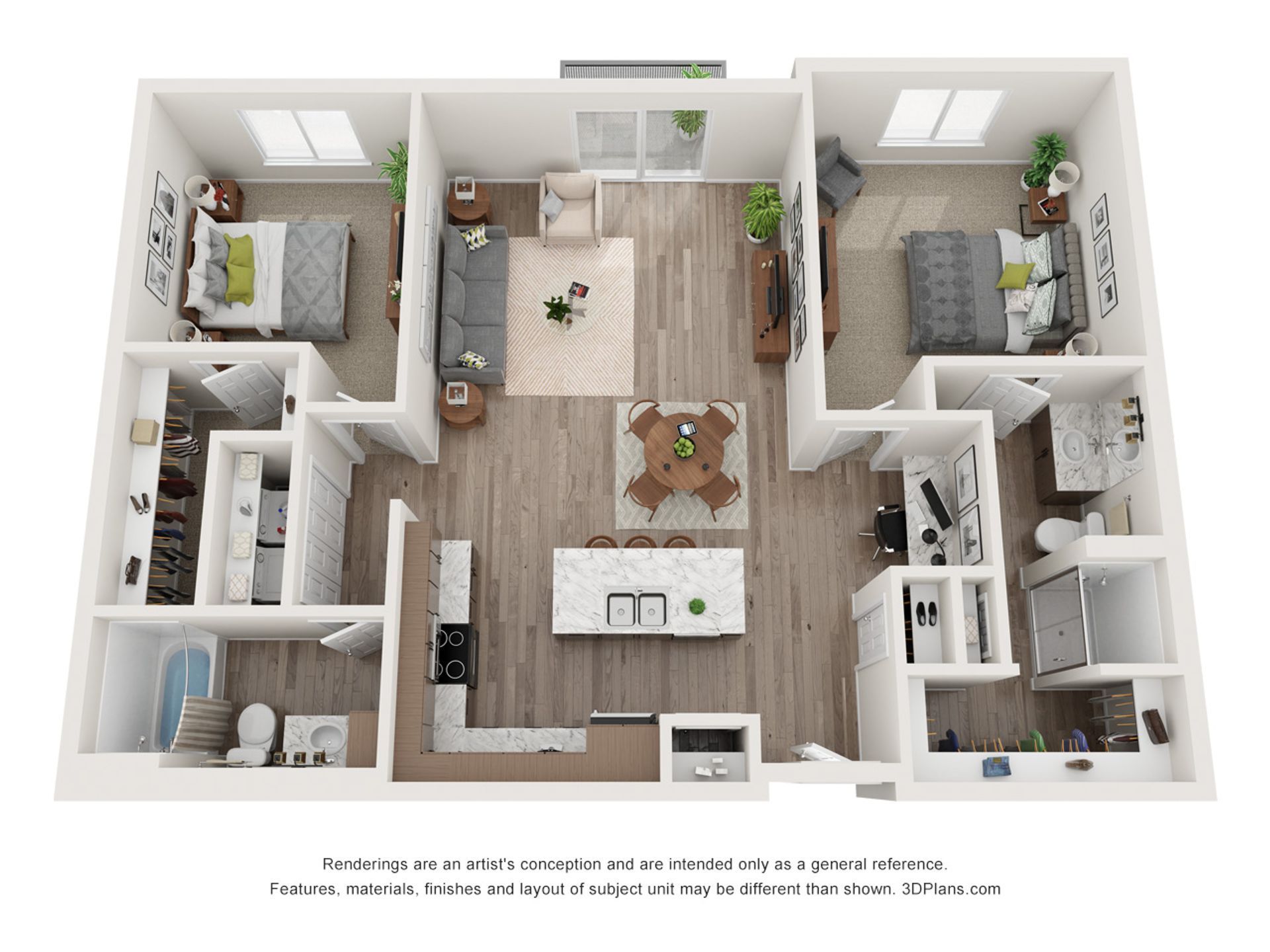 A 3d floor plan of a house with two bedrooms and a kitchen.