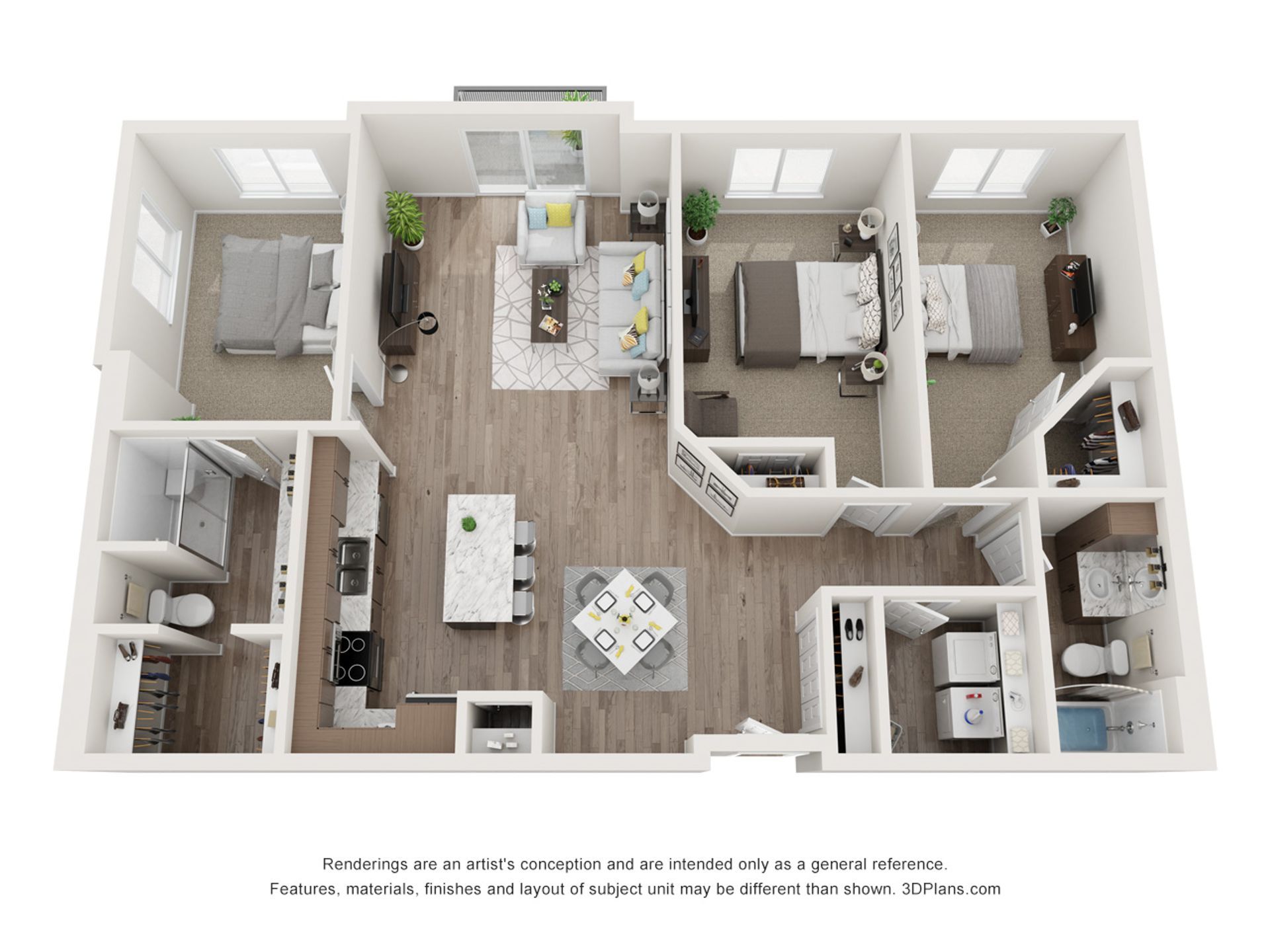 A 3d floor plan of a house with three bedrooms and two bathrooms.