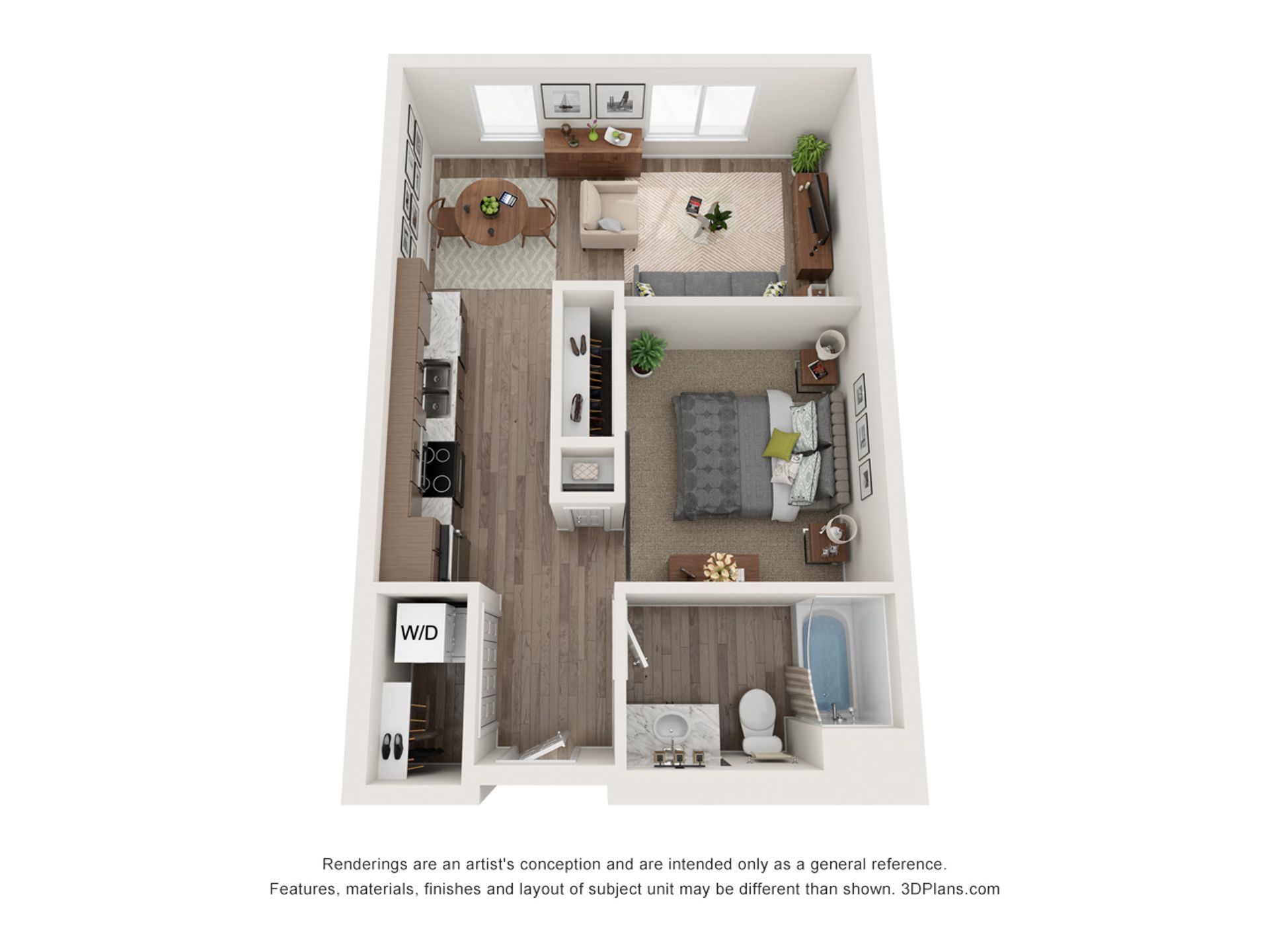 A 3d floor plan of a single bedroom apartment.