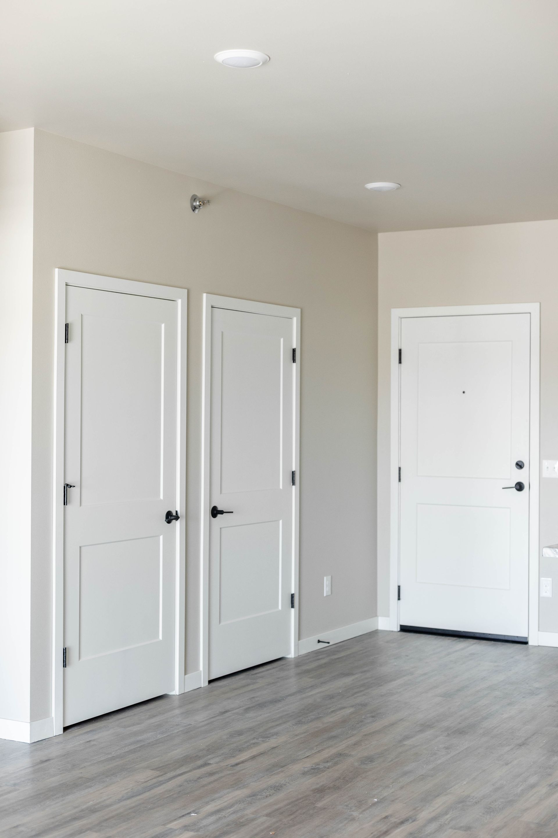 A living room with three white doors and a wooden floor.