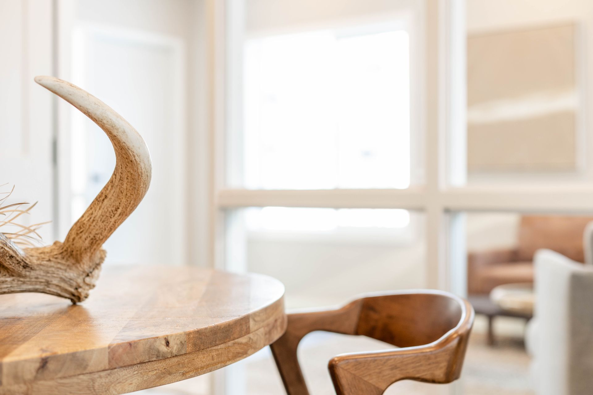 A deer antlers sitting on top of a wooden table in a living room.