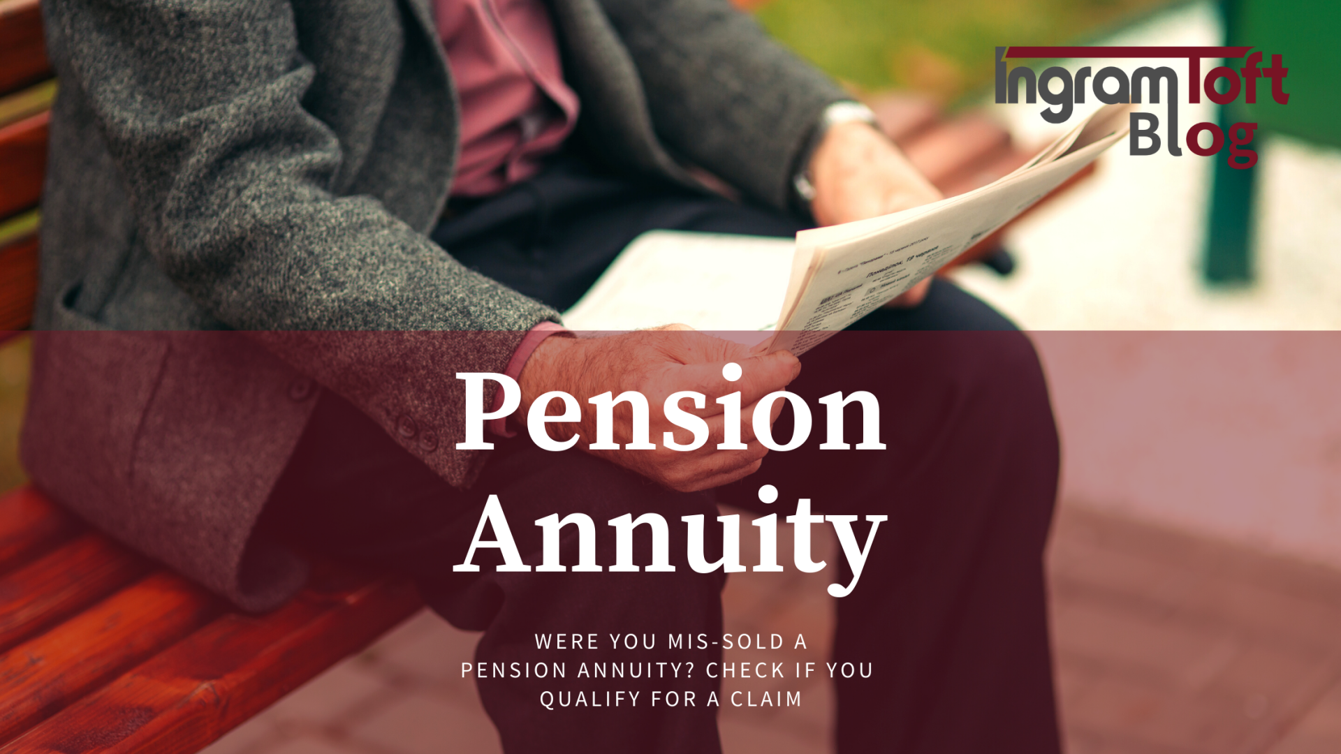 A man is sitting on a bench reading a book about pension annuity.