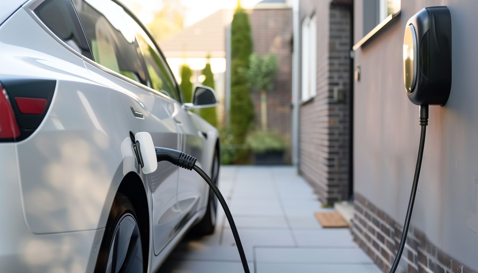 A silver electric car parked next to a house wall, connected to a wall-mounted charging station.