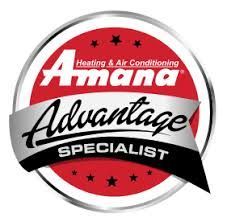 Amana Advantage Specialist logo: red circle with text and a silver banner; for heating and air conditioning.
