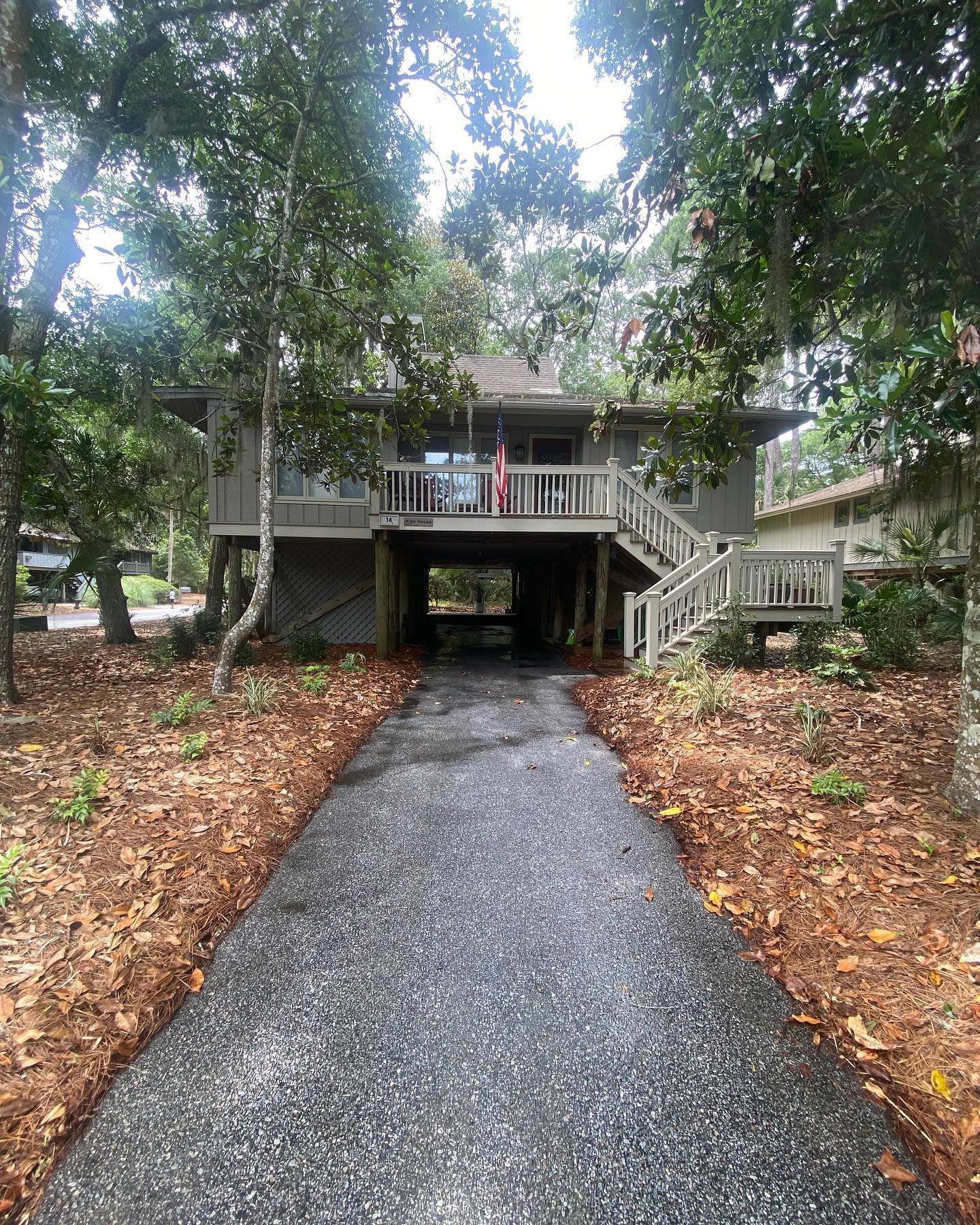 A driveway leading to a house surrounded by trees.