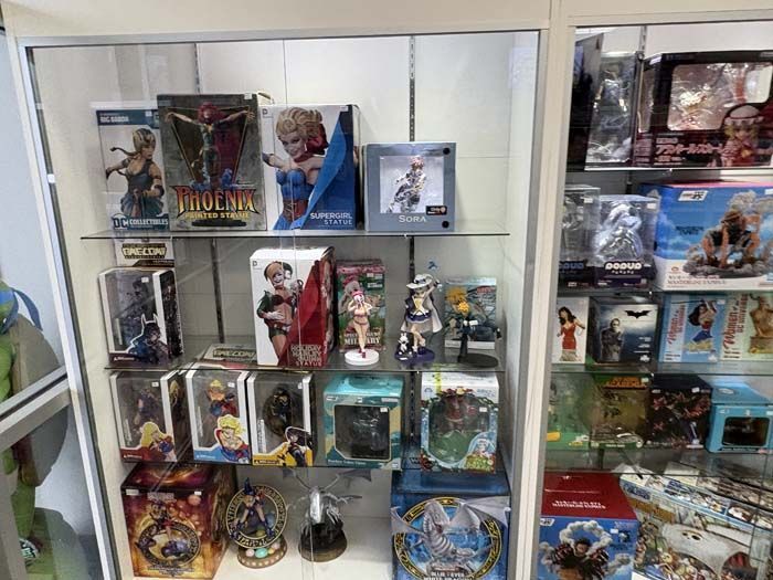 Display case filled with boxed anime figures, figurines, and collectibles.