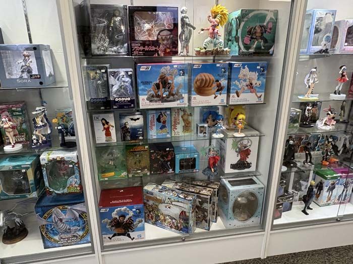 Glass display case filled with anime figures and merchandise.