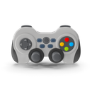 White and gray gamepad with directional pad, colored buttons, and analog sticks.