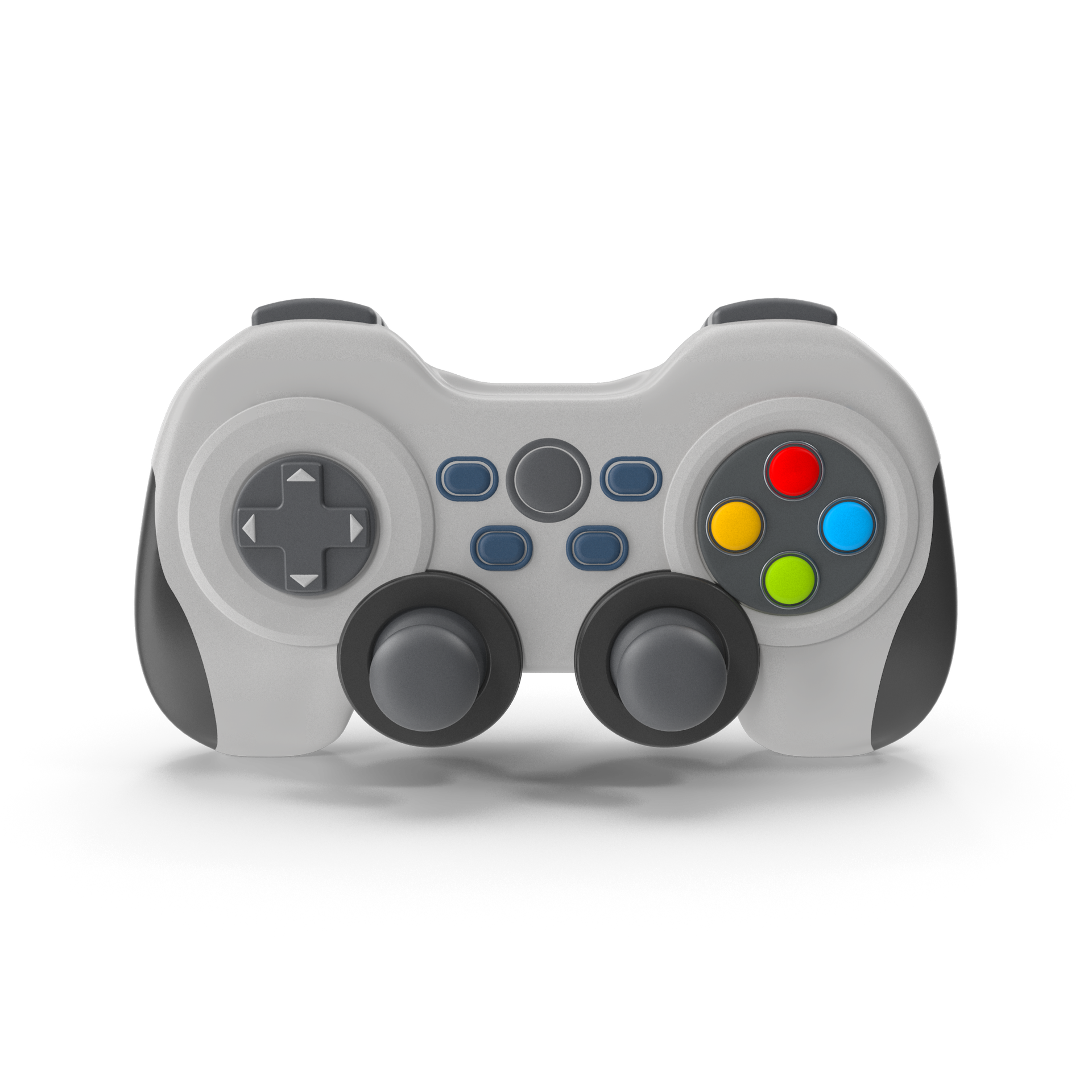 White and gray video game controller with dark grey joysticks and colorful button pad.