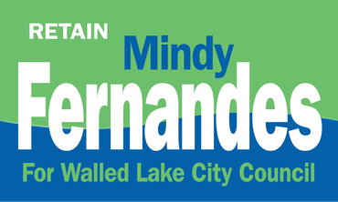 Political sign for Mindy Fernandes for Walled Lake City Council. Green and blue background, white text.