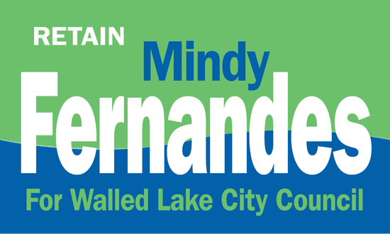 Political sign for Mindy Fernandes for Walled Lake City Council. Green and blue background, white text.