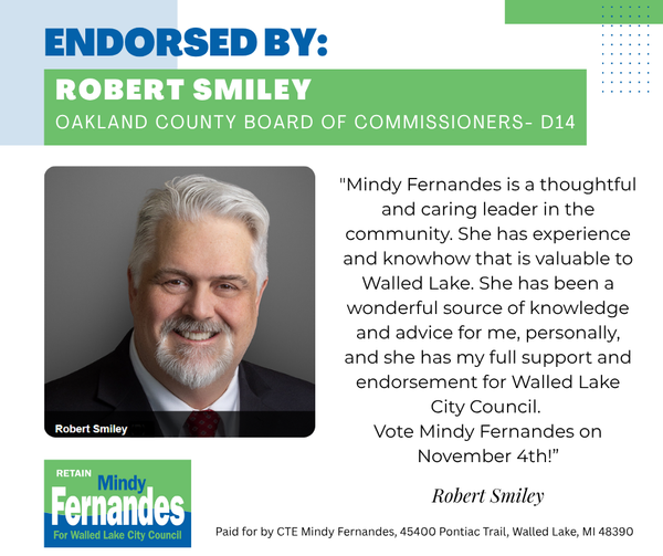 Endorsement for Mindy Fernandes by Robert Smiley, with Smiley's photo and quote, 