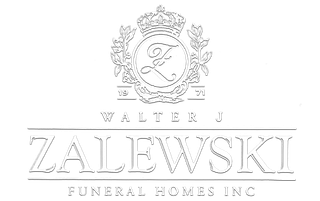 Logo for Walter J. Zalewski Funeral Homes Inc., featuring an ornate crown and wreath emblem with an "F" inside.