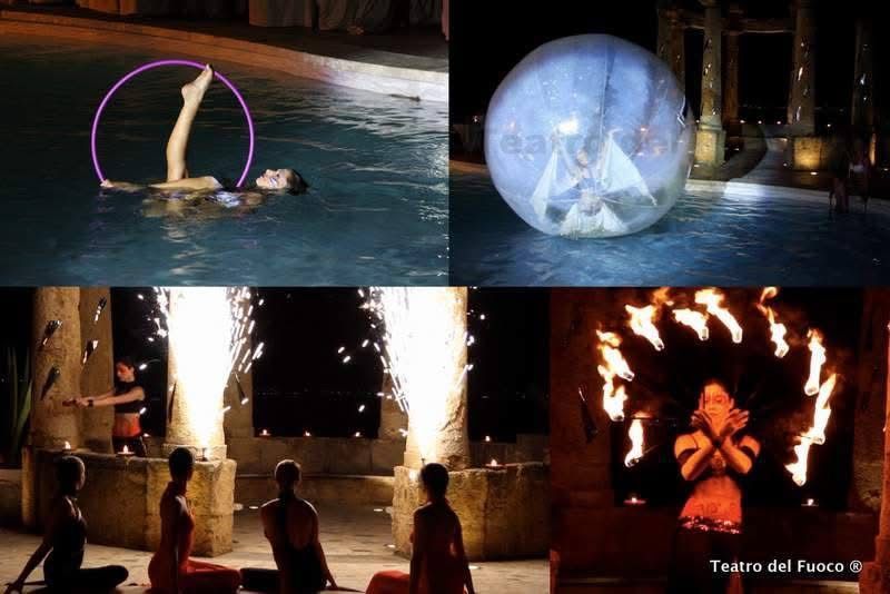 Un collage di foto mostra una donna con un cerchio di hula hoop, una palla d'acqua e fuochi d'artificio