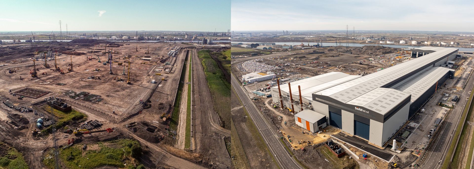 Before - After drone shot of a large construction site.
