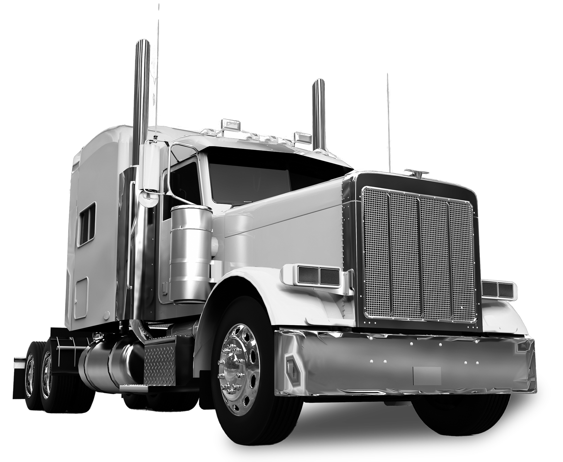 Semi-trucks parked in a row on asphalt; white, black, and red trucks in a lot.