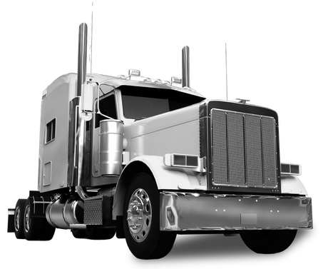 Semi-trucks parked in a row on asphalt; white, black, and red trucks in a lot.
