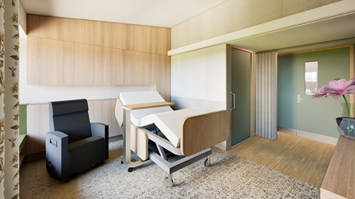 An artist 's impression of a hospital room with a bed and chair.