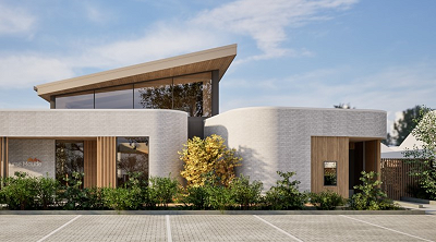 An artist 's impression of a house with a parking lot in front of it