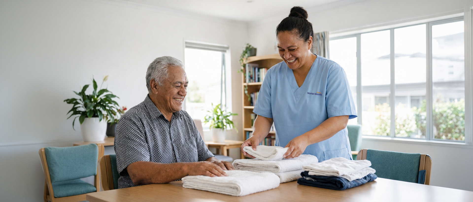A woman in blue scrubs folds laundry with an older person at a table in a well-lit room.