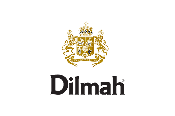A black and gold logo for dilmah tea