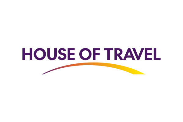 A logo for house of travel with a yellow line