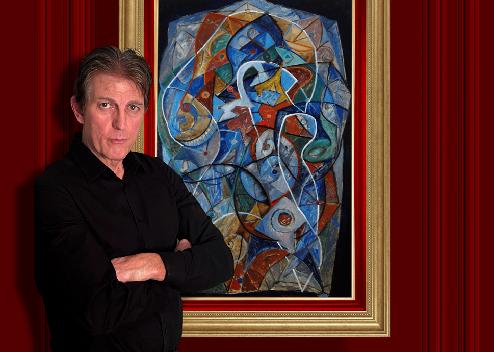 Artist, John Varriano in front of his abstract oil painting, Sarcophagus