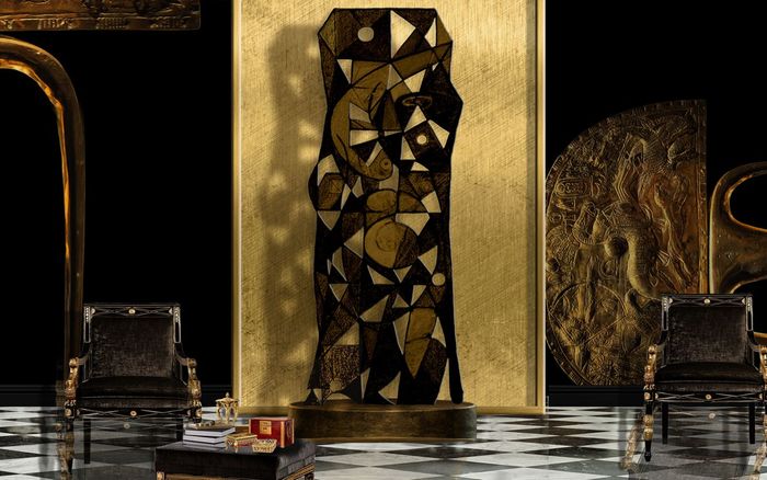 Contemporary sitting room with Megalith abstract sculpture by John Varriano, American Artist