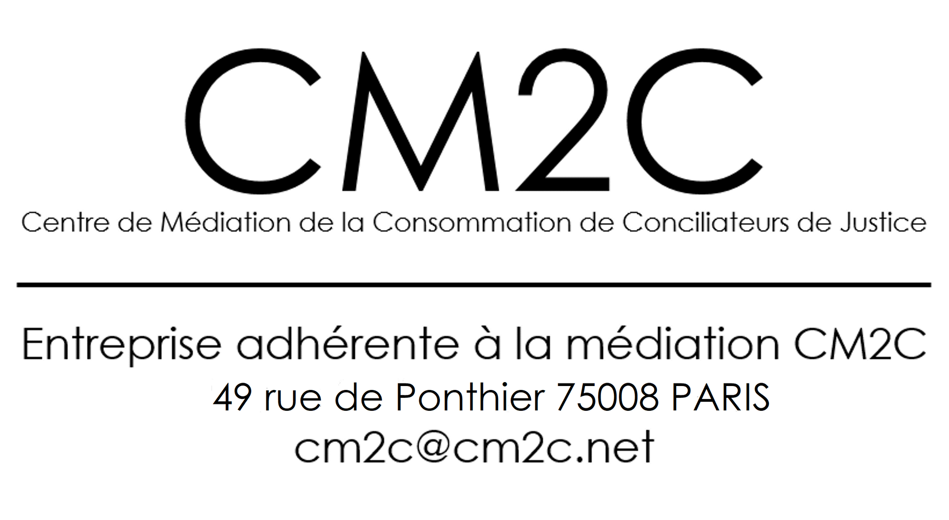 Logo de CM2C, centre de médiation pour les consommateurs basé à Paris, France. Le texte inclut l'adresse et l'email.