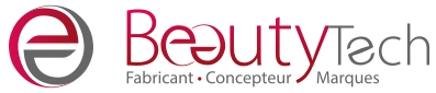Logo pour BeautyTech, présentant un design circulaire et un texte en bordeaux et gris.