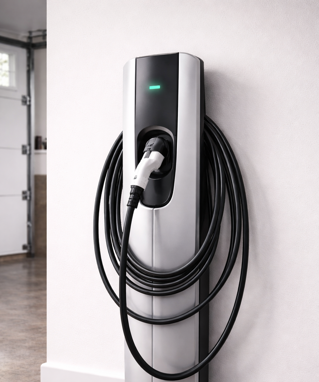 A silver and black wall-mounted electric vehicle charging station with a coiled black cable in a garage setting.