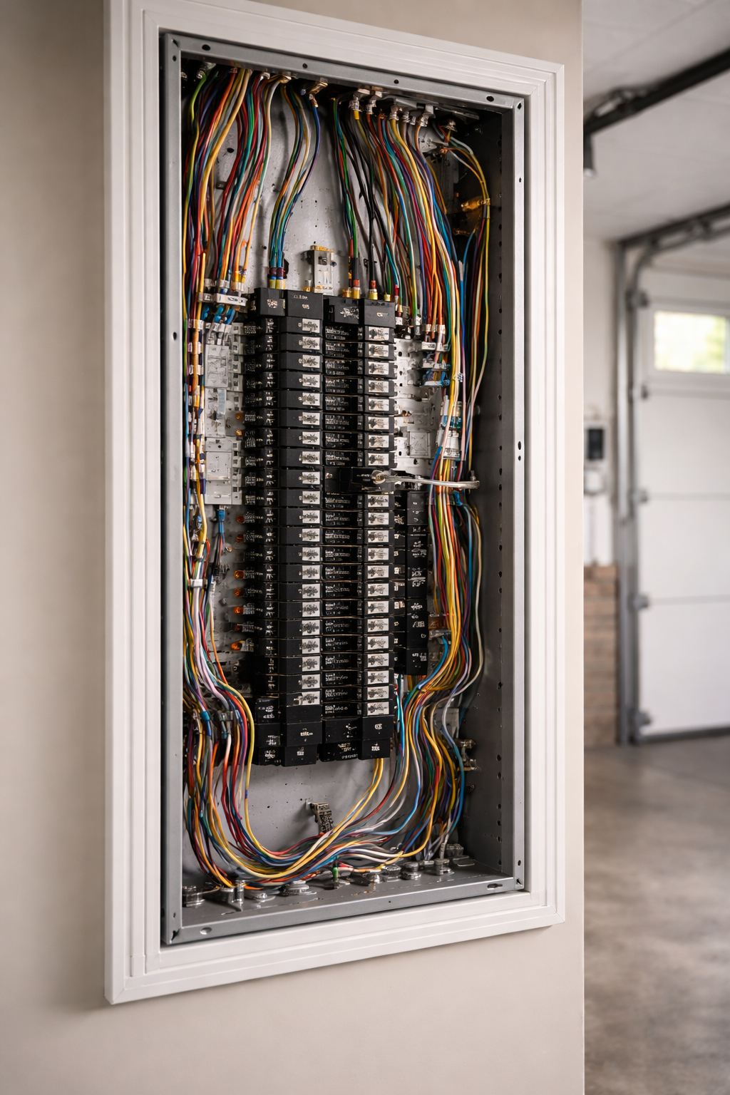 Open electrical service panel with organized wiring and circuit breakers, installed on a wall near a garage door.