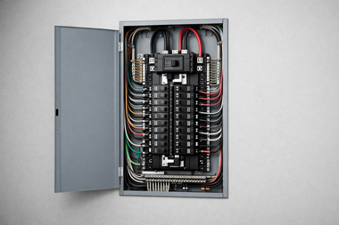 An open grey electrical service panel mounted on a wall, showing internal circuit breakers and colored wiring.