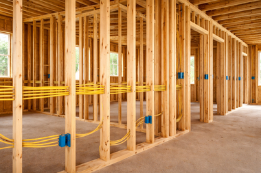 Interior of a house under construction with wooden wall framing and exposed yellow electrical wiring and blue outlet boxes.