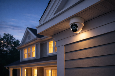 A security camera mounted under the roofline of a residential home illuminated at dusk.