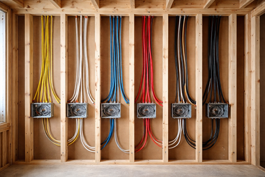 Six electrical junction boxes mounted on wooden wall studs, each connected to cables in distinct