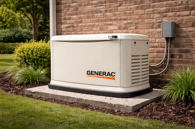 A beige Generac standby generator sitting on a concrete pad outside a brick house.