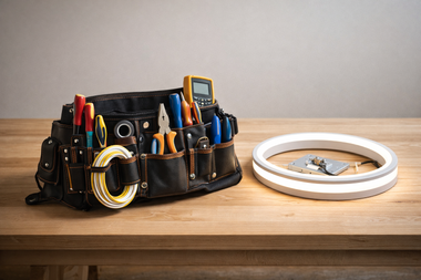 A tool belt filled with electrical tools sits on a wooden table next to a circular LED light fixture.