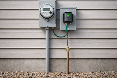 An electric meter and a smaller gray box with a glowing green light are mounted on light-colored siding above a ground rod.