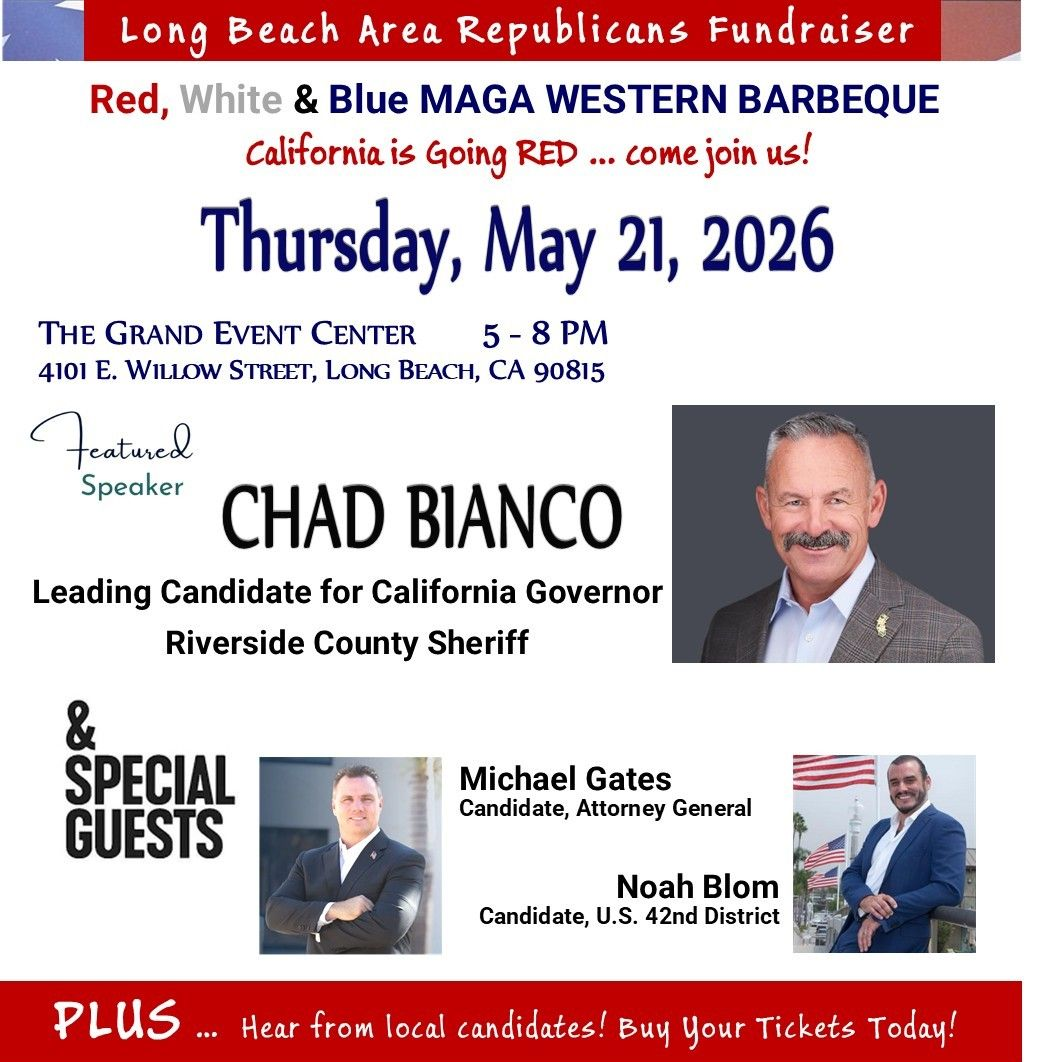 Political fundraiser flyer for Chad Bianco with date, time, guests, and Long Beach area Republican details