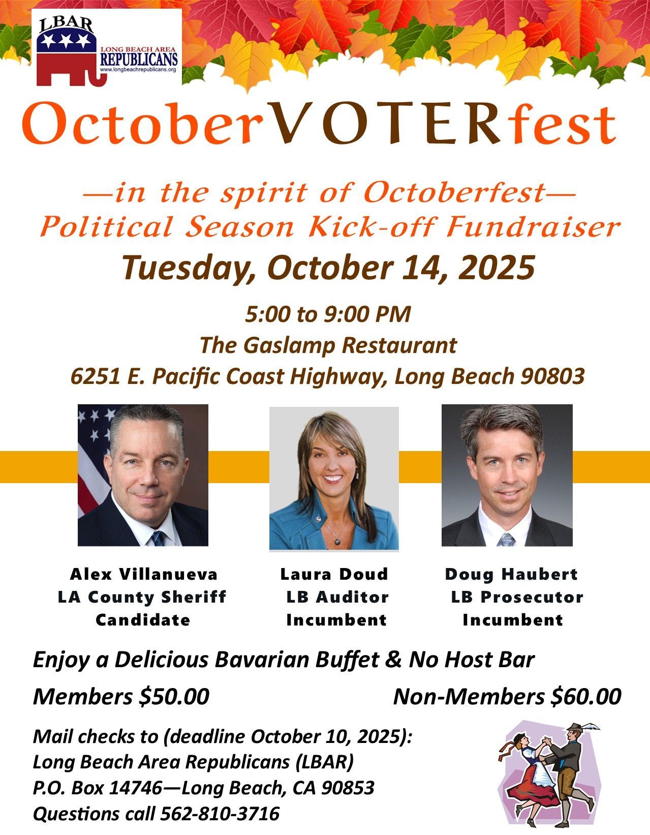 Flyer for OctoberVOTERfest, a fundraiser at a restaurant in Long Beach, CA on October 14, 2025. Features political candidates.