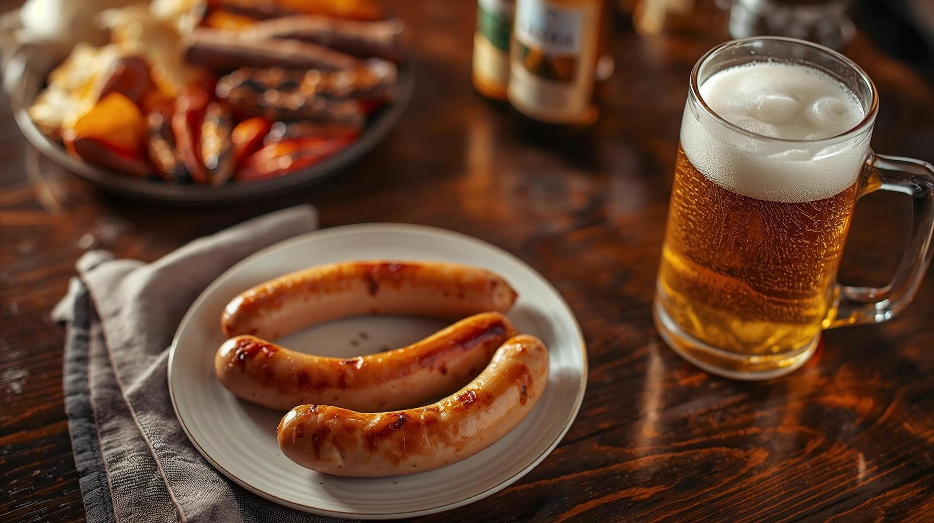 Grilled sausages on a plate, beer in a mug, and a platter of food on a wooden table.