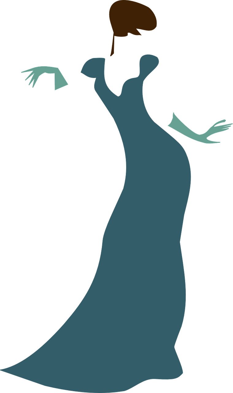 A silhouette of a woman in a long blue dress